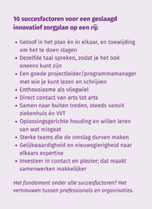 10 succesfactoren voor een innovatief zorgplan op een rij: Sterk geloof in het plan én in elkaar. En de toewijding om het te doen slagen. Dezelfde taal spreken, zodat je het ook oneens kunt zijn. Een goede projectleider/programmamanager met wie je kunt lezen en schrijven. Samen naar buiten treden, steeds vanuit ziekenhuis én VVT. Enthousiasme als vliegwiel. Direct contact van arts tot arts. Oplossingsgerichte houding en willen leren van wat misgaat. Sterke teams die de omslag durven maken. Gelijkwaardigheid en nieuwsgierigheid naar elkaars expertise. Investeer in contact en plezier; dat maakt samenwerken makkelijker. Het fundament onder alle succesfactoren? Dat is het vertrouwen tussen professionals en organisaties.